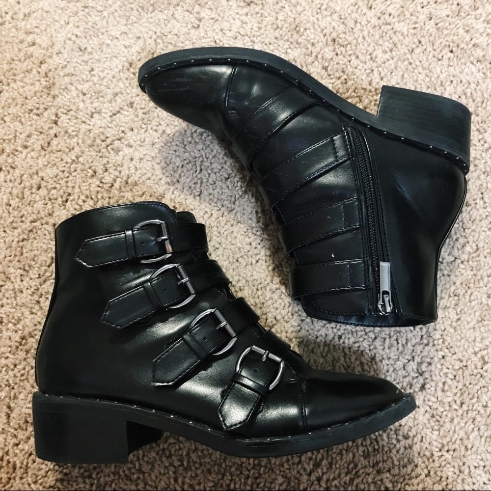 Black Buckled Studded Ankle Boots